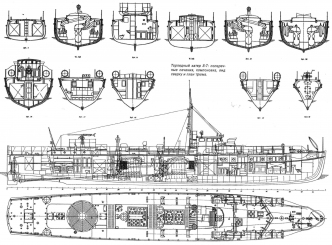 Торпедный катер S-7: поперечные сечения, компоновка, вид сверху и план трюма