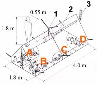 Реконструкция общего вида палатки группы И.Дятлова (в аксонометрической проекции с соблюдением пропорций)