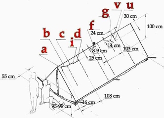 Прямоугольная изометрическая проекция палатки группы Игоря Дятлова с указанием разрезов правого (от входа) ската крыши