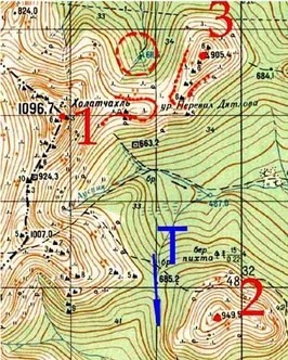 Карта района перевала Дятлова, иллюстрирующая тезис о превышении фактической линии горизонта в южном направлении для наблюдателя из лагеря поисковиков