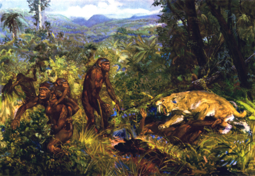 Pithecanthropus: saber-toothed cat attack