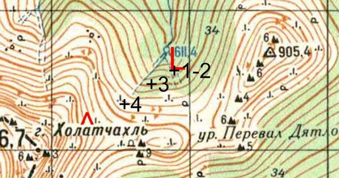 Положение палатки группы и места обнаружения тел Георгия Кривонищенко, Юрия Дорошенко, Игоря Дятлова и Зины Колмогоровой