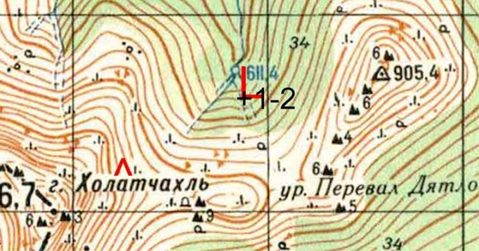 Положение палатки группы и место обнаружения первых двух тел пропавших туристов