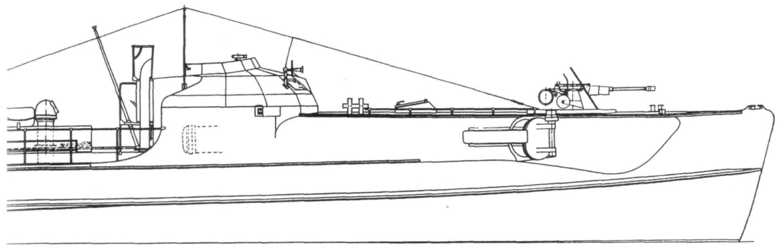 Проектный вид катера серии S-100 с 30-мм автоматической артустановкой в носовой турели, спаренной 20-мм пушкой в центральной части палубы и четырехствольной 20-мм установкой «фирлинг» в корме - Передняя часть