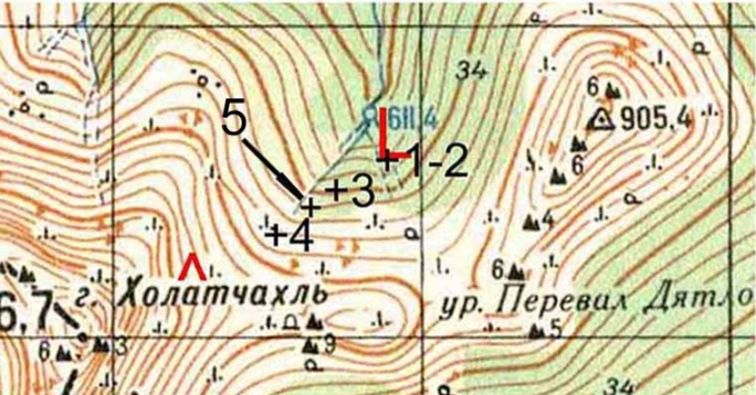 Схема, демонстрирующая взаимное расположение тел погибших туристов, найденных в феврале-марте 1959 года